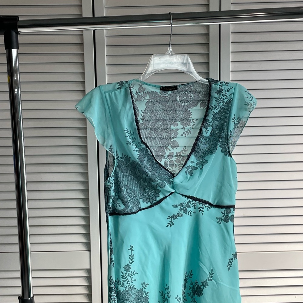 Floral Blue Shirt with Black Lace Accents